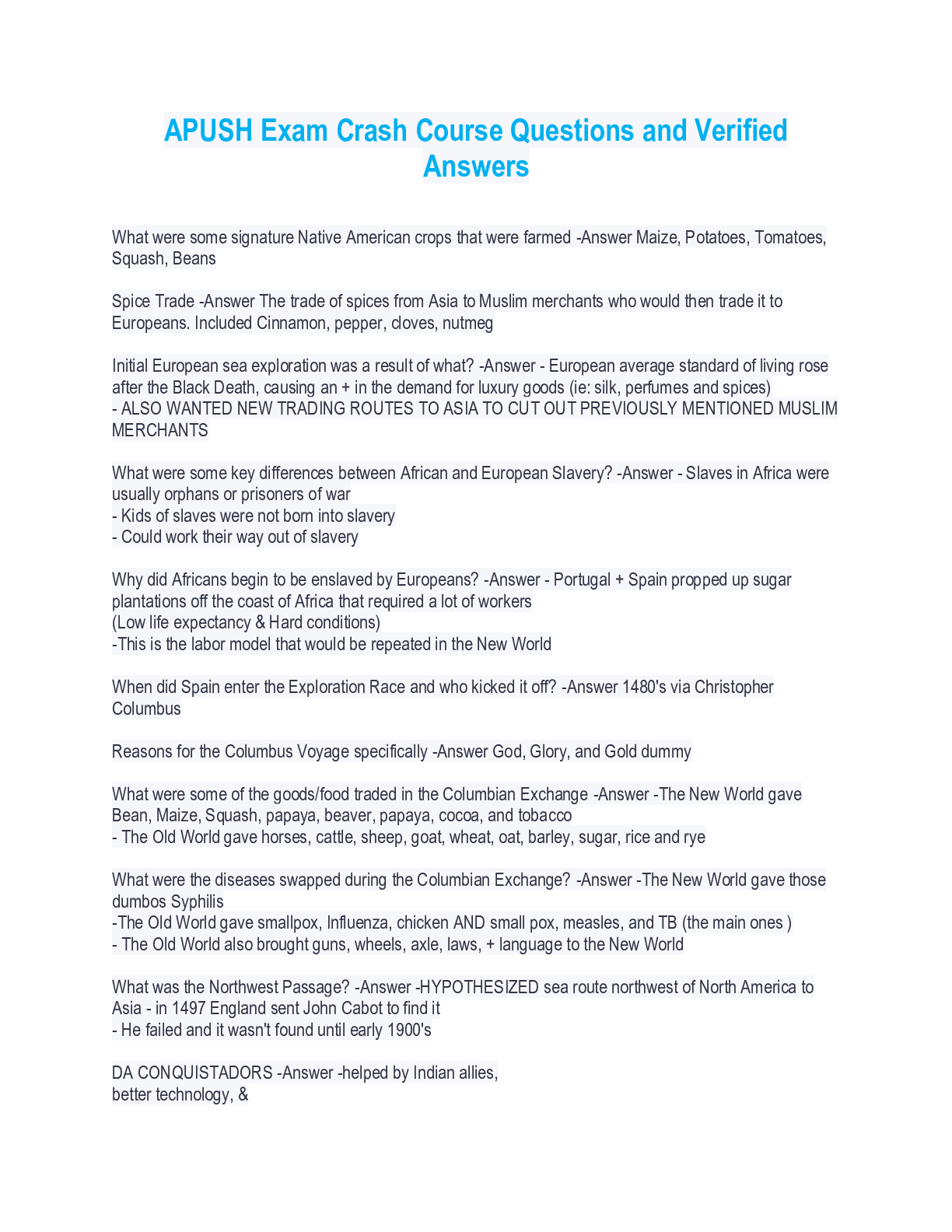 Preview image for APUSH Exam Crash Course Questions and Verified Answers